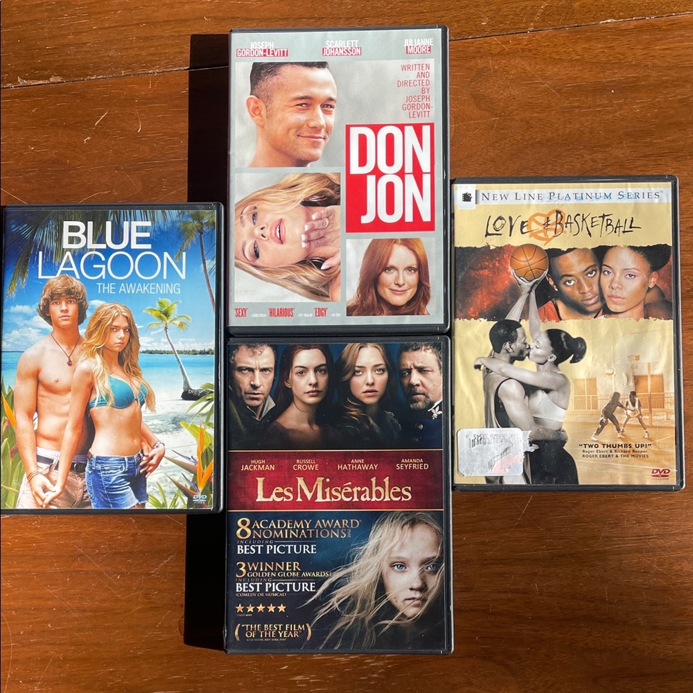 Lot of 5 DVD Movies - Blue Lagoon, Don Jon, Les Misérables, Love & Basketball